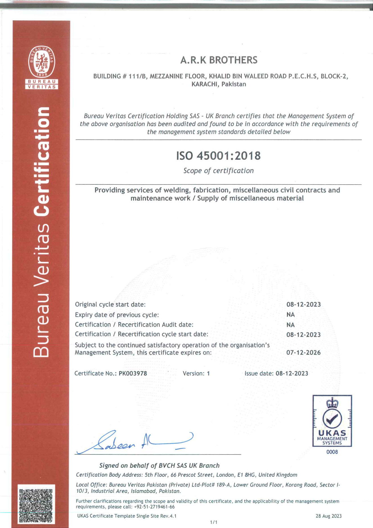 ARK Brothers ISO 45001:2018 certificate